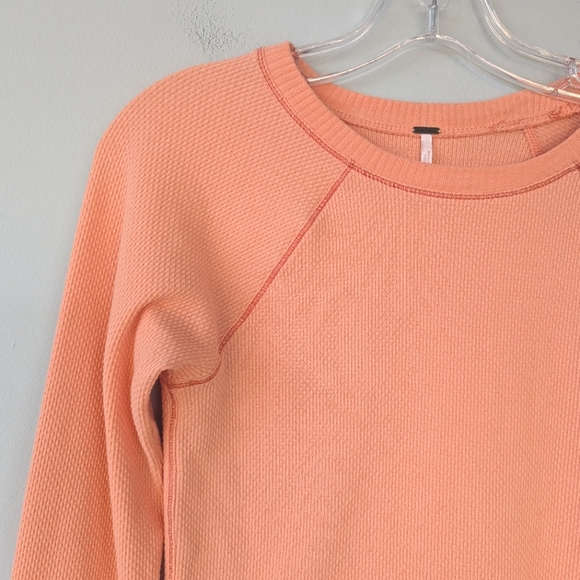 Free People In The Mix Orange Sherbet Cuff Detail Waffle Thermal Knit Top - Picture 6 of 13
